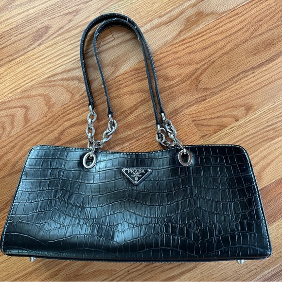 Prada Black Croc-Embossed Shoulder Bag - Picture 1 of 8